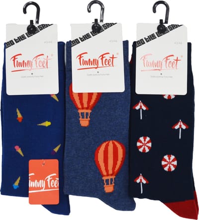 Funny Feet sokken - happy voyage socks - 3 paar - heren maat 39-42 - assortiment marine / jeans - naadloos aan de teen - hoogwaardige katoen