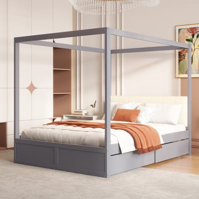 MODFU Ledikant 140x200 cm – grijs hout – tentdesign met gestoffeerde rugleuning en 2 grote lades