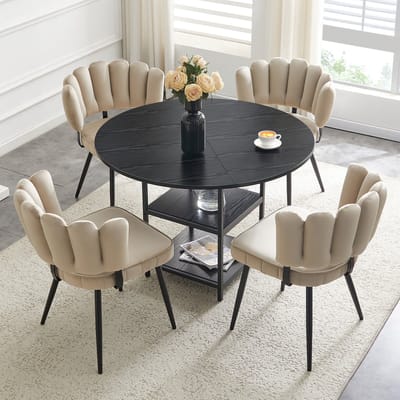 OKWISH Eethoek 107 cm - Ronde Eettafel Met Dubbele Opberglagen En 4 Eetkamerstoelen - Voor Kleine Ruimtes - Metaal