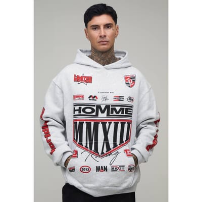Lange Grijze Gemêleerde Oversized Hoodie Met Moto Crest Print | Grey Marl | Size 2XL