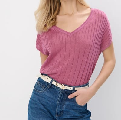 Starry Indigo - Sweater / Trui V-hals - Metallic draad - Korte mouw