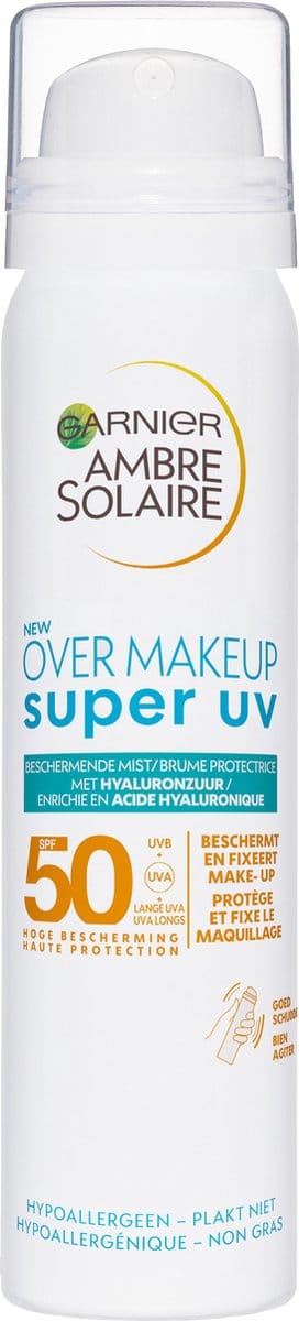 Garnier Ambre Solaire Over Make-up Super UV Mist Gezicht SPF50 - met Glycerine, Vitamine E en Hyaluronzuur – Beschermt & Fixeert Make-up - Skizonnebrandcreme - 75ml