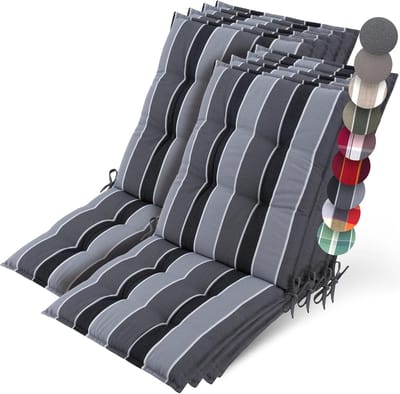 Beautissu Sun-NL – Set van 8 Premium Lage Rugleuning Kussen 100x50 cm - UV-bestendig & 8cm Dik Kussen Tuinstoelkussen Antislip Bevestigingsbanden – Stevige Stof Antraciet Gestreept