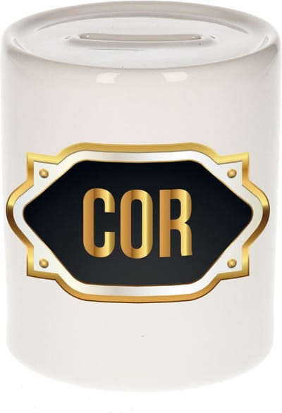 Spaarpot met voornaam Cor - wit - met goud/zwart embleem - 8 x 9 cm - keramiek - met afsluitdop - cadeau verjaardag