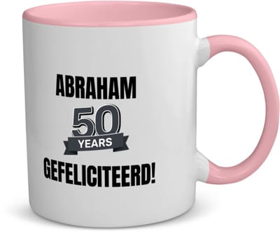 Akyol - 50 jaar sarah en abraham cadeau koffiemok - theemok - roze - Hoera 50 jaar - jubileum man en vrouw - verjaardag - grappige tekst - jarig - verjaardag - 350 ML inhoud