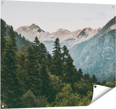 Gards Tuinposter Bos met Bomen in de Bergen - 100x80 cm - Tuindoek - Tuindecoratie - Wanddecoratie buiten - Tuinschilderij