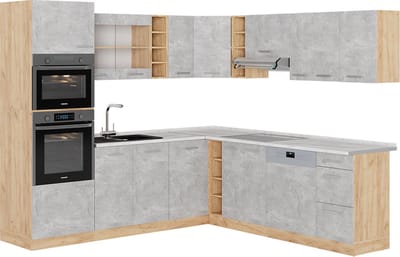 Vicco Hoekkeuken R-Line, Beton/Goudkleurig Eiken, 247 x 237 cm, WB Marmer