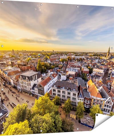 Gards Tuinposter Groningen Skyline Stad bij Zonsondergang - 120x120 cm - Tuindoek - Tuindecoratie - Wanddecoratie buiten - Tuinschilderij