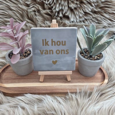 Robuust Wenstegeltje – Ik Hou van Ons – Hip trendy tegeltje – 10x10 cm – Cadeau voor Partner, Valentijn of Jubileum – Stijlvol en Persoonlijk Woonaccessoire - Zomaar - Voor jezelf – Trendy nu – Decoratief Tegeltje met Standaard – Cadeau Idee