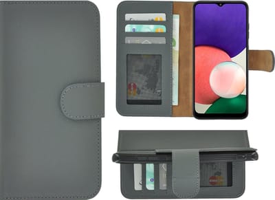 Hoesje Geschikt voor Samsung Galaxy A22 5G - Bookcase - A22 5G Wallet Book Case Echt Leer Grijs Cover