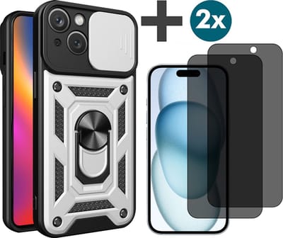 Hoesje met Privacy screenprotectors 2 stuks Geschikt voor iPhone 15 Plus met Ringhouder en Camera schuifje - Arara backcover - Zilver