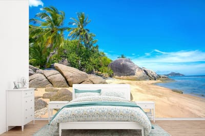 Behang - Fotobehang Strand - Tropisch - Zee - Planten - Breedte 420 cm x hoogte 280 cm