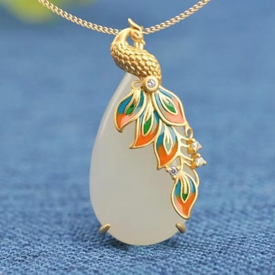 Klassieke Emaille Porselein Inleg Zirkoon Natuurlijke Hetian Jade Ovale Pauwen Ketting Exquise Lichte Luxe Dames Sieraden beige
