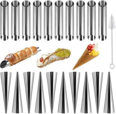 EXCITAT Cannoli bakvormen - 21 stuks - RVS Cannoli buisjes - croissantvormen - kegel en buis - met reinigingsborstel