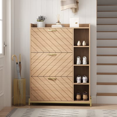 Clruro Schoenenkast - Met Klapdeuren Eiken Look - 3 Deuren Slank Design - Open Zijkant - Hout - Natuur