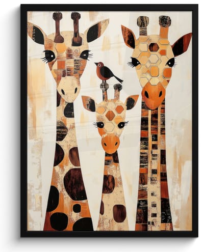 Poster in lijst - Fotolijst 50x70 cm - Posters - Giraffen - Cartoon - Crème - Posterlijst zwart - Decoratie - Wanddecoratie woonkamer - Muurdecoratie slaapkamer