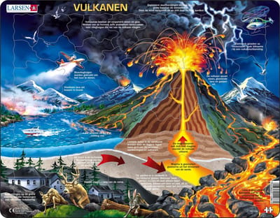 Larsen Volcans – Puzzle – Sciences – Volcans et Géologie – Puzzle éducatif pour enfants – 70 pièces – Fabriqué en Norvège – Pièces extra épaisses de 2,5 mm – Plateau avec bord fixe