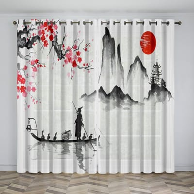 Gordijnen met natuurlandschap in Chinese stijl Bergen Rivieren Meren Bloemen Planten Elegante Gordijnen 2 Panelen Woonkamer Slaapkamer Decor 50W130H(CM)X2PCS&Hook gray
