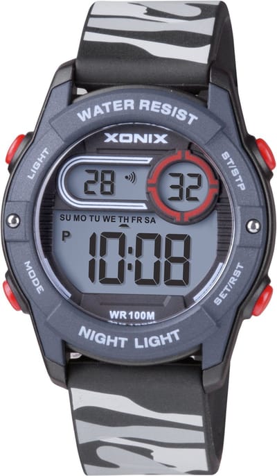 Xonix BAZ-A07 - Horloge - Polshorloge - Digitaal - Kinderen - Unisex - Rond - Siliconen band - ABS/Kunst - Achtergrondverlichting - Alarm - Start/Stop - Tweede tijdzone - Datumaanduiding - Waterdicht - Zwart/Grijs camouflage