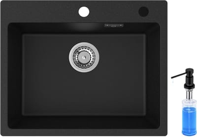CECIPA max Spoelbak voor keuken 55 x 45 cm - Spoelbak Met Zeepdispenser(300ML) - Graniet Spoelbakken Zwart - Enkele spoelbak - inclusief sifon en overloop