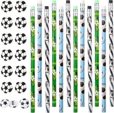 Set van 12 Voetbalpotloden, HB Houten Potloden met 12 Gummetjes en 2 Puntenslijpers, Perfect voor Kinderen en Studenten, Sport Cadeau, Feestartikelen en Creatieve Activiteiten