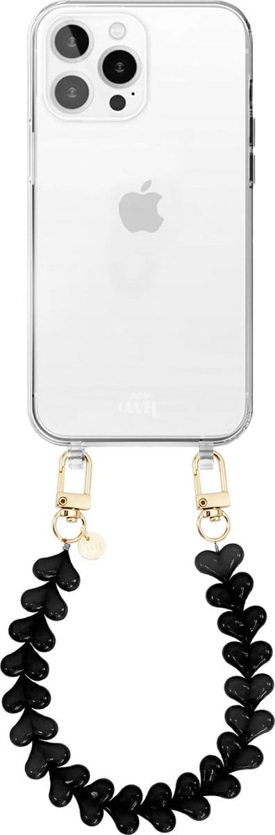 xoxo Wildhearts siliconen hoesje - Geschikt voor iPhone 15 Pro Max hoesje - Funky Hearts - Telefoonhoesje - Hoesje met koord - Zwart koord - kort telefoonkoord - Hartjes ketting - Transparant hoesje