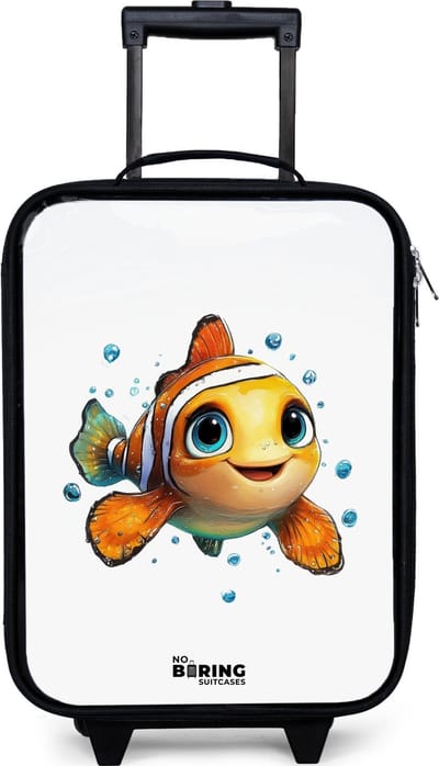 NoBoringSuitcases.com® - Kinderkoffer jongen - Kindertrolley meisje - Clownvis met bellen op witte achtergrond - Koffer kind lichtgewicht - Reiskoffer trolley voor kinderen - Koffertje met lichtgevende wieltjes - Rolkoffer zwart