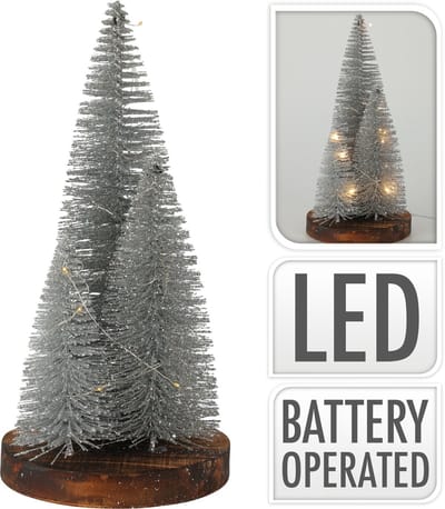Kerstbomen 30cm op voet LED met timer - Zilveren decoratie speelgoed.