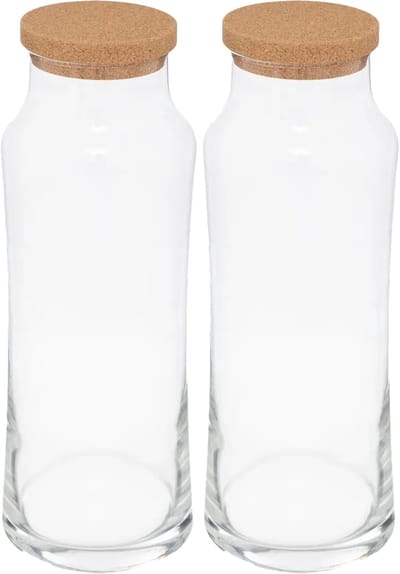 Secret de Gourmet schenkkan/water karaf met kurk dop - 2x - glas - transparant - 1000 ml - D9 x H25 cm - afsluitbaar