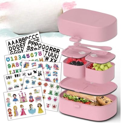 Famanu - Bento Box voor kinderen, inclusief 216-delige stickerset, BPA-vrij, lekvrije lunchbox met bestek en vakken, duurzame broodtrommel zonder schadelijke stoffen voor school en onderweg, roze