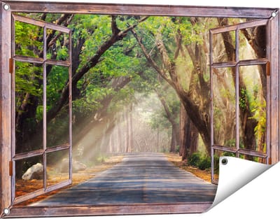 Gards Tuinposter Doorkijk Weg Omringd met Bomen - 90x60 cm - Tuindoek - Tuindecoratie - Wanddecoratie buiten - Tuinschilderij
