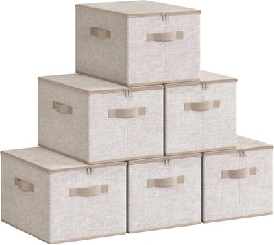 Famanu opbergdoos met deksel, set van 6, opvouwbare stoffen doos met handgrepen, opbergruimte voor kleding, 40 x 30 x 25 cm, vliesstof, zandbeige RZB003K02