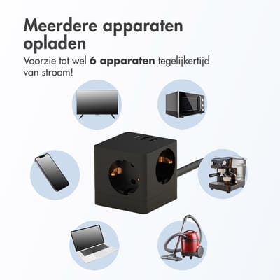 Accezz Stekkerdoos met USB A en USB C Poorten - 3 Stopcontacten - 1,8 meter Verlengsnoer - 4000W Snellader - Verdeelstekker - Zwart