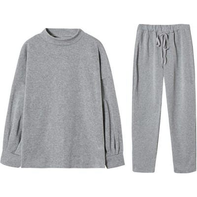 2 Stuks/Set Dames Top Broek Set Hoge Kraag Lange Mouwen Effen Kleur Sweatshirt Trekkoord Elastische Taille Losse Broek Sportoutfit M gray