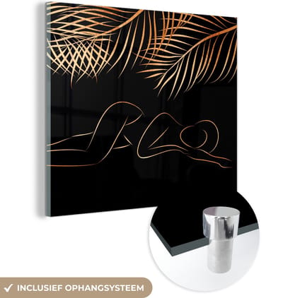 MuchoWow® Glasschilderij 50x50 cm - Schilderij acrylglas - Vrouw - Bladeren - Line at - Black and gold - Foto op glas - Schilderijen