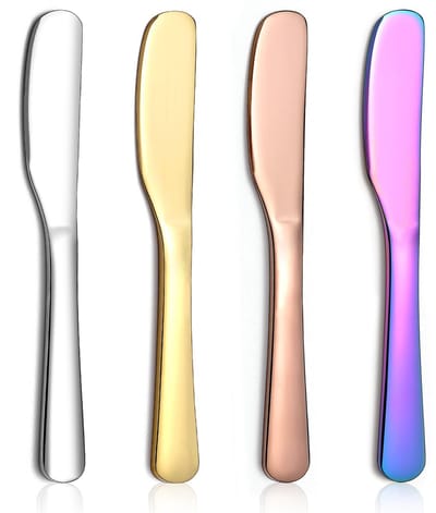 botermessenspreider 4 stuks, roestvrijstalen botermessen met titaniumgoud, kleurrijk, roségoud, boterstrooier voor thuis en in restaurants vaatwasmachinebestendig