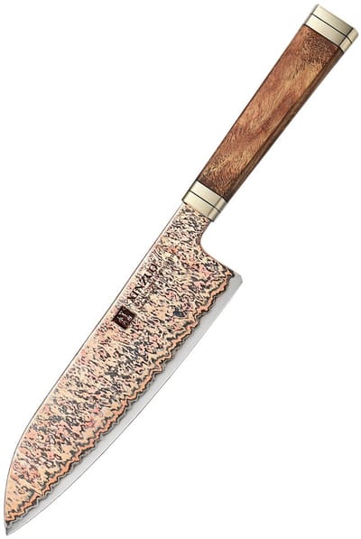 Xinzuo - Professioneel Santoku koksmes van Koper Damascus staal - 52 lagen rondom harde 12Cr18MoV kern - Handvat van Padauk Burl hout - X08C Retro Series
