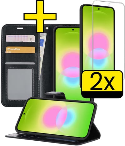 Hoesje - Met 2x Screenprotector - Geschikt voor Samsung Galaxy A27 - Luxe Pasjeshouder - Bookcase Portemonee - Flip Case - Kunstleer Book Case - Flipcase Hoes - Book Cover - Walletcase - Portemonneehoes - Telefoonhoesjes - Zwart