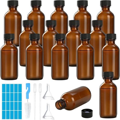 16 Stuks 60ml Bruine Glazen Flessen voor Vanille-extract, Lekvrije Flessen voor Essentiële Olie en Zelfgemaakte Extracten, Perfect voor Bewaren en Verpakken