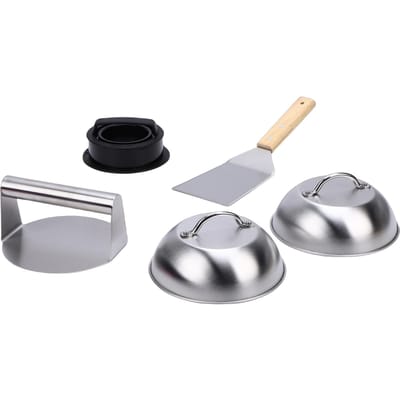 Roestvrij Staal Burgerpers Grill Set Metalen BBQ Gereedschap met Houten Handvat Vaatwasserbestendig voor het Bakken van Burgers Vlees L