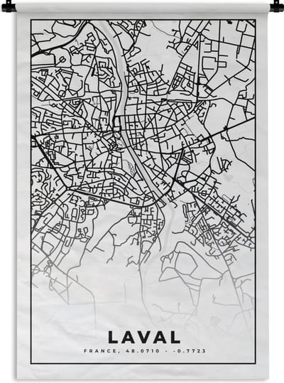 Wandkleed - Wanddoek - Kaart - Plattegrond - Laval - Frankrijk - Stadskaart - Zwart wit - 120x180 cm - Wandtapijt