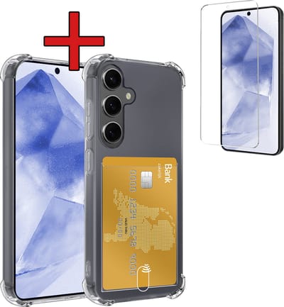 Hoesje - Geschikt voor Samsung Galaxy A55 - Met Screenprotector - Pashouder - Kaarthouder - Back Cover - Telefoon Hoes Shockproof - Siliconen Case - Shock Proof - Pasjes Houder - Telefoonhoes - Transparant