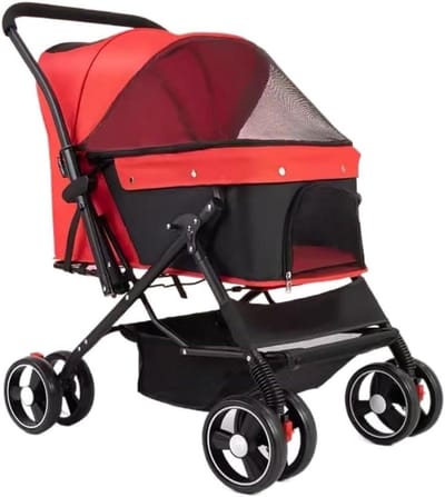 Huisdier Buggy - Hondenwagen Kattenwagen - Comfortabel Reizen - Opvouwbaar Ontwerp - Tot 25 kg - Rood