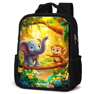 NoBoringSuitcases.com® - Rugzak zwart - Schooltas jongen & meisje - Olifant en aapje in kleurrijke jungle - Rugtas voor school - Boekentas kind - Schoolrugzak - Kinderrugzak