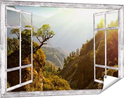 Gards Tuinposter Doorkijk Bos in de Bergen met Zonneschijn - Kleur - 120x80 cm - Tuindoek - Tuindecoratie - Wanddecoratie buiten - Tuinschilderij