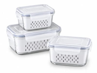 Daity 3-delige koelkastbewaarset met deksels en filters. Deze bewaardozen voor groenten en fruit helpen fruit, groenten, bessen en vlees langer vers te houden. Gemaakt van BPA-vrij plastic.