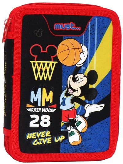 Disney Mickey Mouse Etui – Dubbelgevuld Pennenzak – 2 Ritsen – Inclusief Potloden, Stiften, Linialen & Meer – 15x21x5 cm – Polyester – Never Give Up