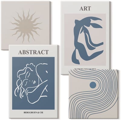 Wallfluent Set van canvas schilderijen - De stijlvolle abstracte patronen van Matisse met figuren en bloemen Canvas Schilderijen Set - Set van 4 Canvas Schilderijen - Blauw Set van Canvas Prints - Abstractie Canvas Kunst Set