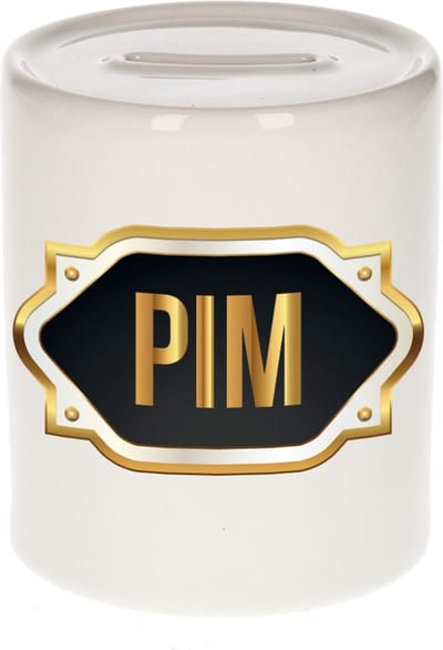 Spaarpot met voornaam Pim - wit - met goud/zwart embleem - 8 x 9 cm - keramiek - met afsluitdop - cadeau verjaardag