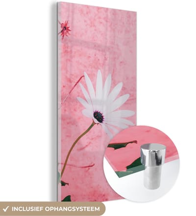 MuchoWow® Glasschilderij 20x40 cm - Schilderij acrylglas - Bloemen - Roze - Vintage - Foto op glas - Schilderijen